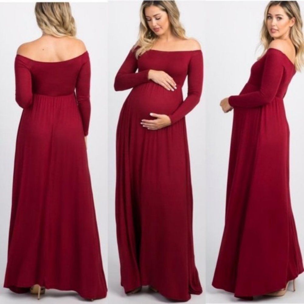 PinkBlush Burgundy Off The Shoulder Long Sleeve‎ Maternity Knit Maxi Dress M
